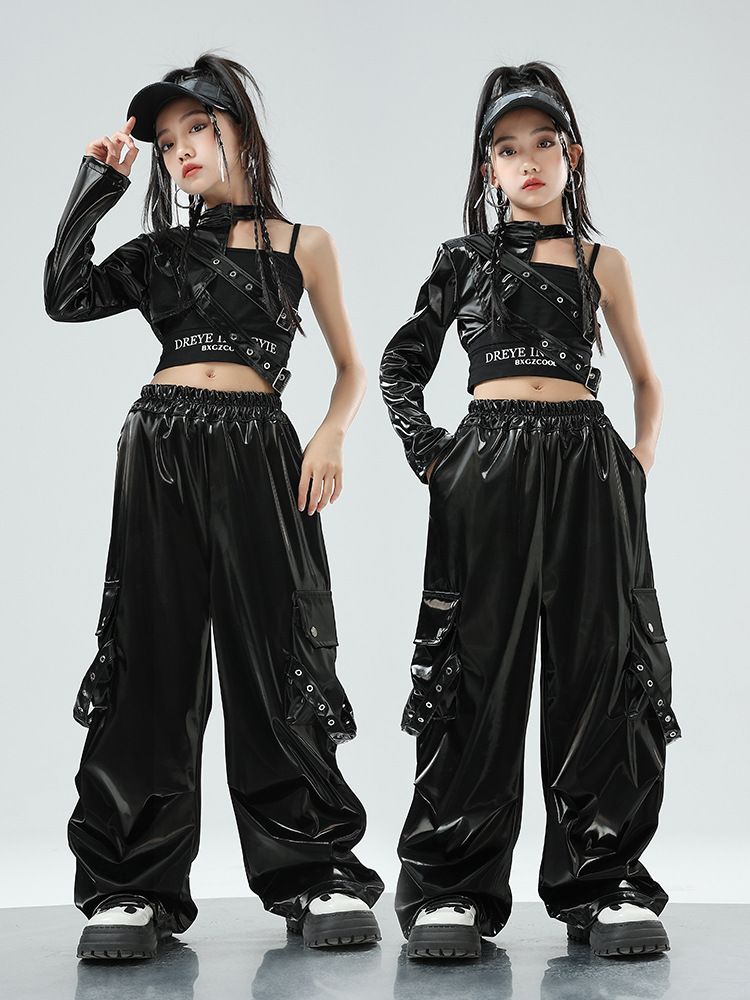 女の子ヒップホップクロップトップ袖口迷彩カーゴパンツ服セット子 Pu レザーストリートダンスジョガー子供ストリート衣装