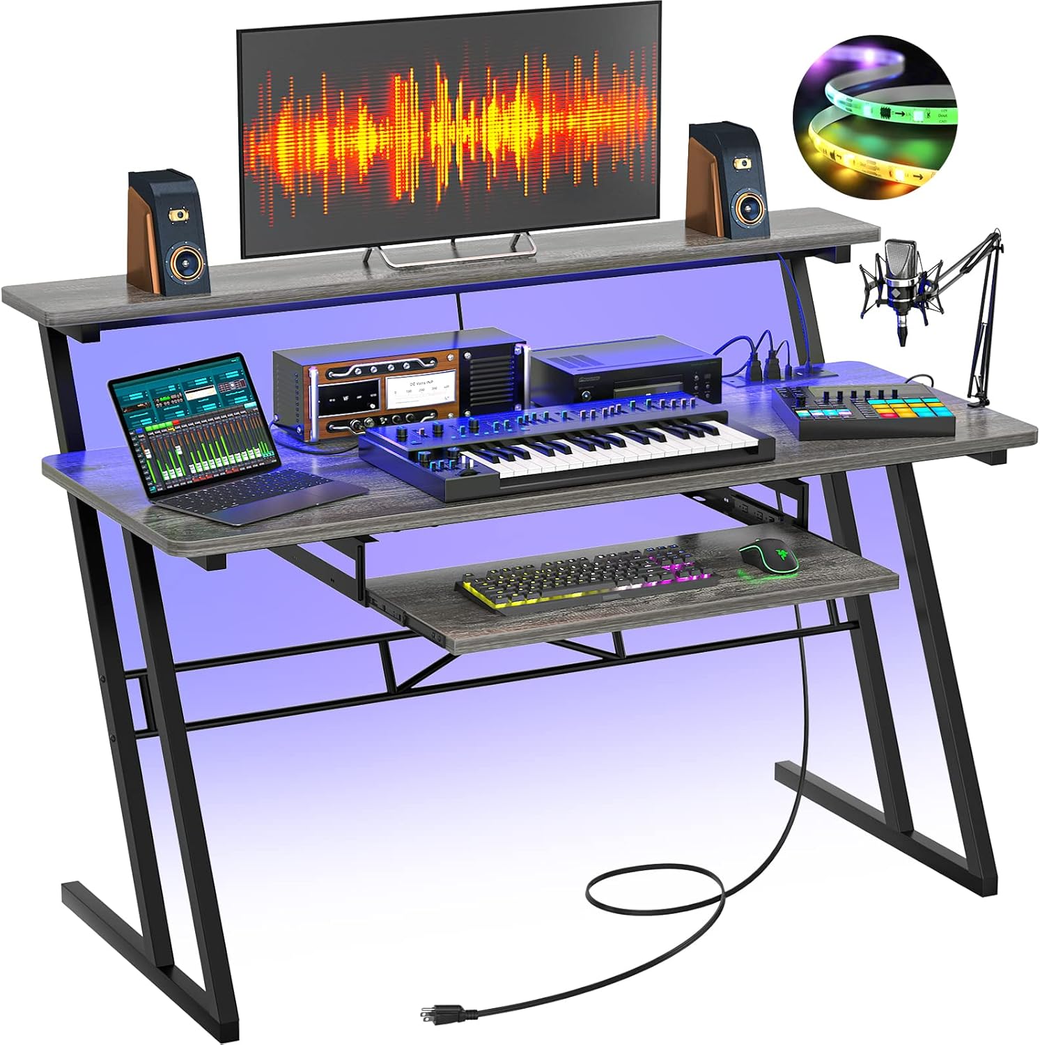 音楽スタジオデスク、電源ソケットとRGB LEDライトを備えた音楽制作ワークステーション、レコーディングスタジオデスク音楽プロデューサー