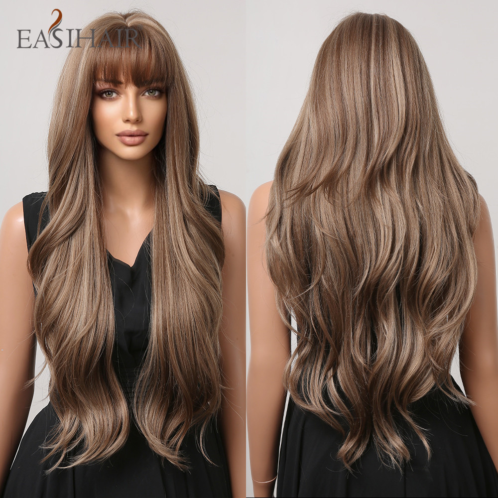 EASIHAIR ブラウン混合ブロンド合成かつら前髪ロングナチュラルウェーブのかかった黒人女性のための日常コスプレ使用耐熱