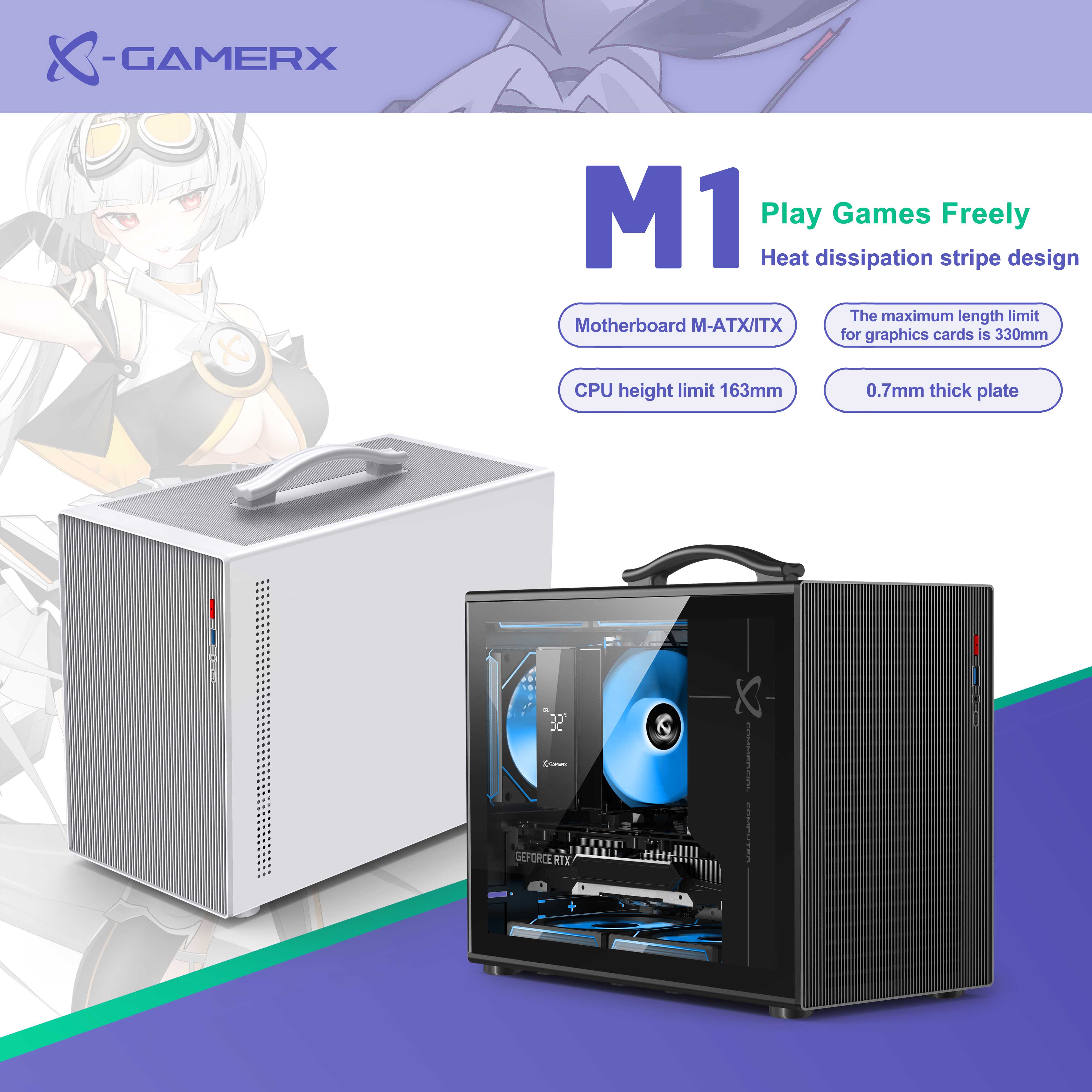 パワートレイン X-Gamerx M1 ハンドヘルドポータブルケースデスクトップミニガラスサイド透明ゲーム ITX MATX コンピュータ小型 PC ケース