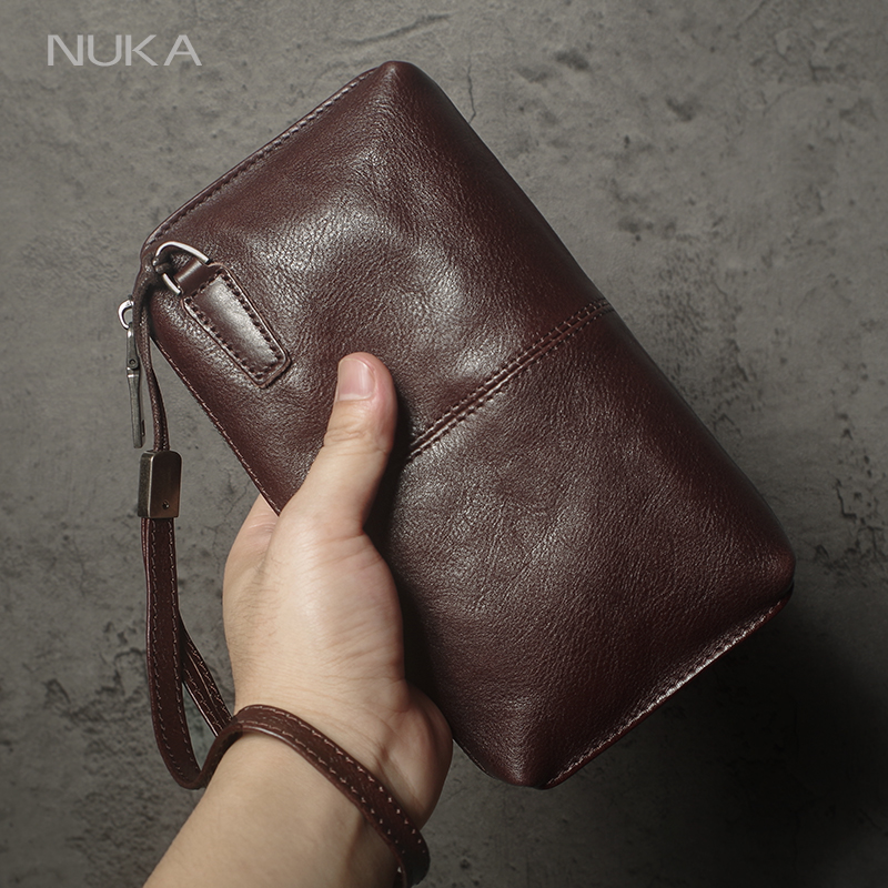 NUKA メンズ本革クラッチバッグ高品質ハンドバッグジッパー長財布クレジットカードバッグ女性トップ牛革携帯電話バッグ