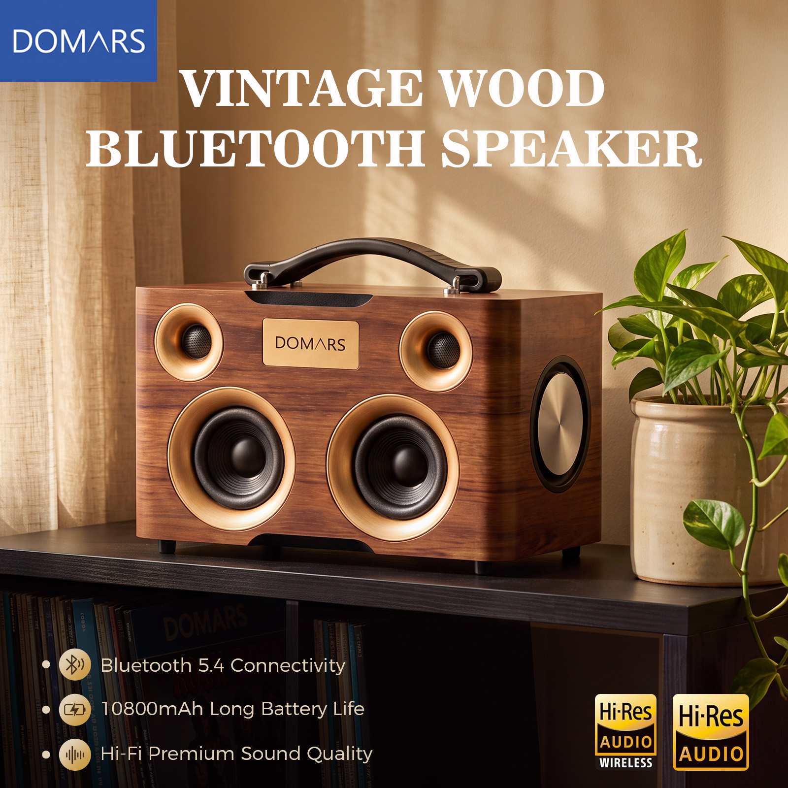 Domars レトロ木製 Bluetooth スピーカー 120 ワットハイパワーポータブルカラオケスピーカー 20000mAh バッテリー付き 30Hz-20KHz 周波数