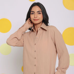 Women's Natural Linen-Cotton Blend Beige Shirt with Collar and Button-Down Neckline; Available with Solid Western-Style Patterns; Plus Sizes Available—ODM Supply
