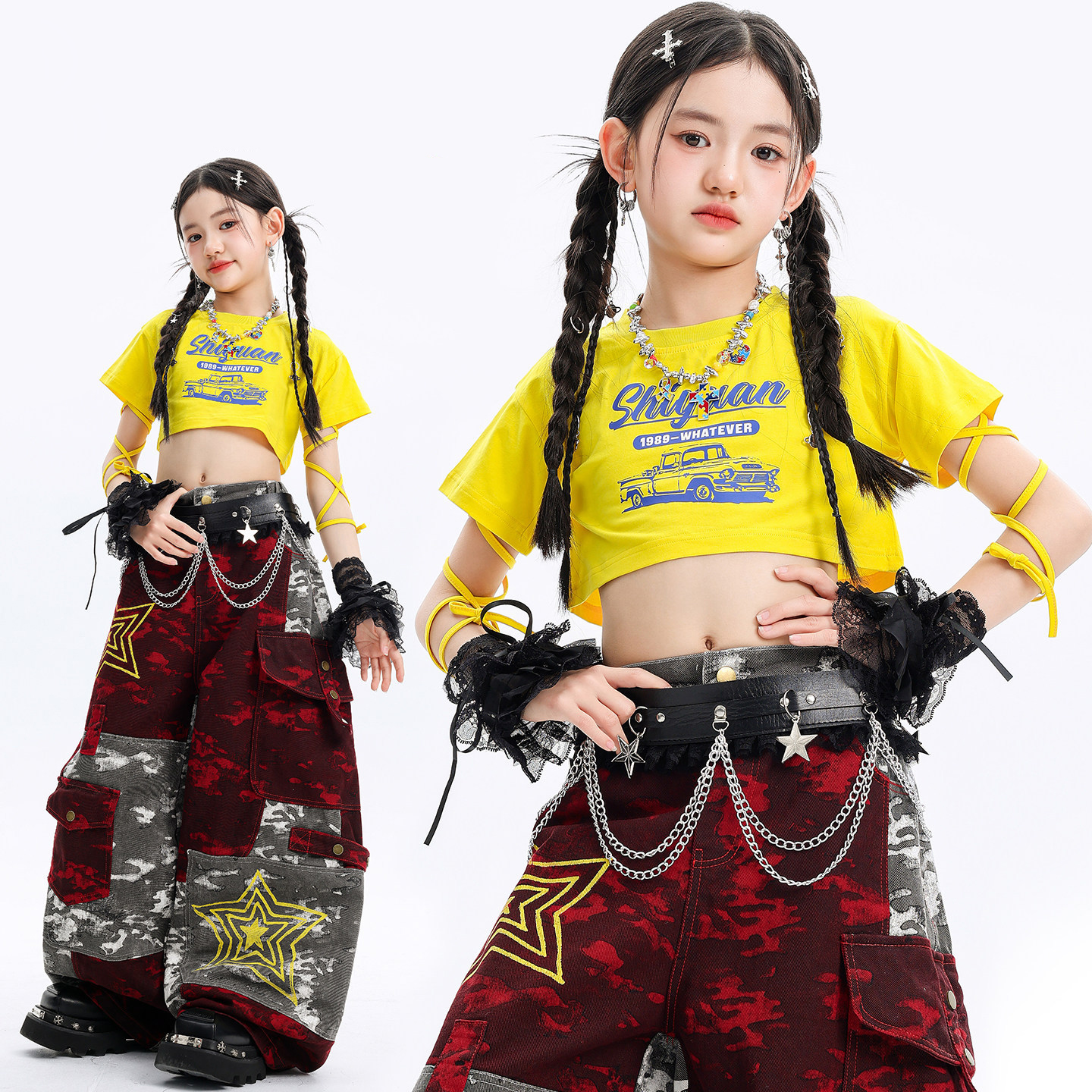 Kid Kpop Hip Hop Clothing Yellow Crop T Shirt Top Gray Red Camo Multi Pockets Wide Pants for Girls Street Dance Costumes Clothes