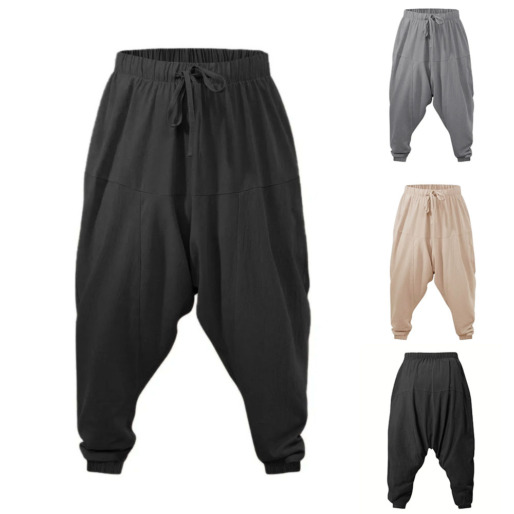 ハーレムパンツ男性用コットンリネンドロップクロッチコージーストリートルーズフィット通気性軽量ロングパンツ男性ジョガー