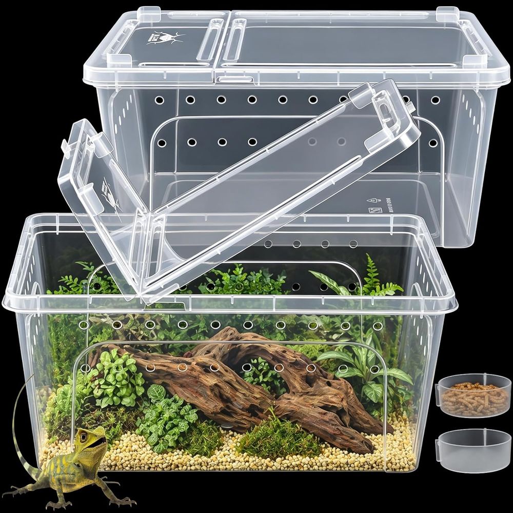 ポータブル透明プラスチックテラリウムエンクロージャ、12.6x8.7x6、給餌ボウルと水ボウル付き、小型ペット用の通気蓋