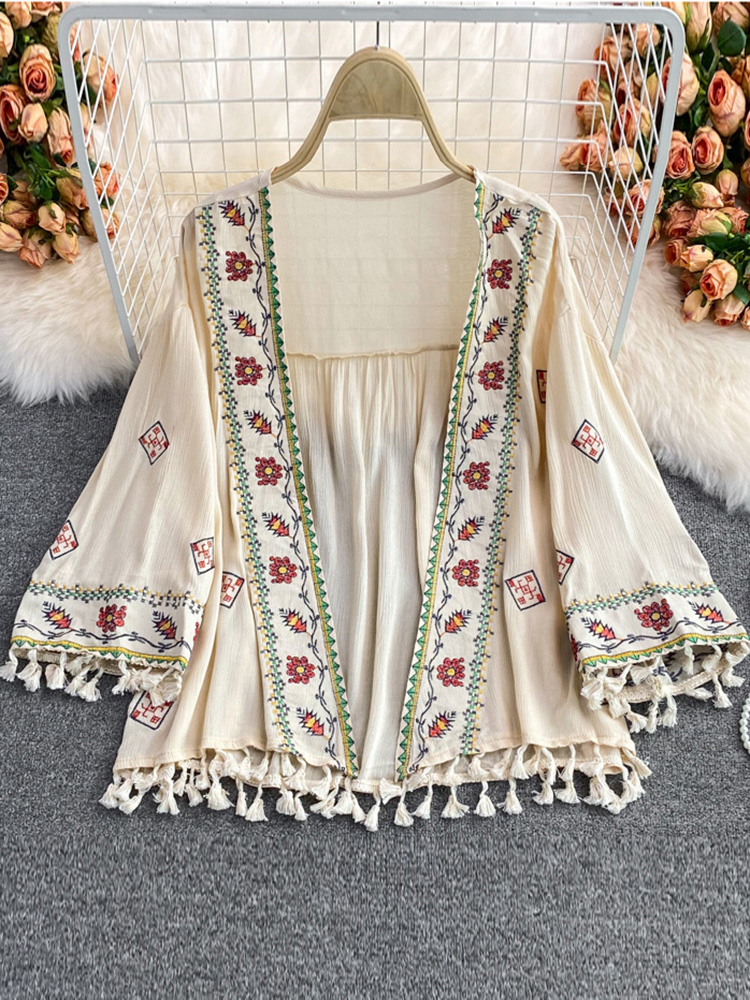 SEDUTMO 夏ボヘミアン着物女性パレオビーチカバーアップショートファッション刺繍ポンチョカーディガンタッセルシャツ ED1876