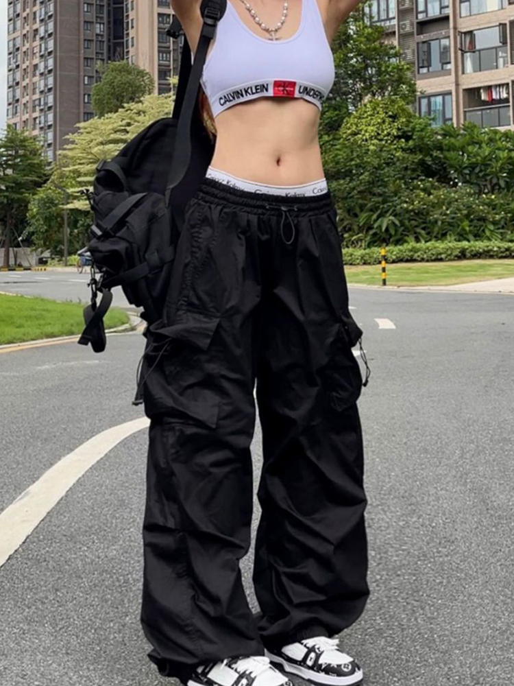 Y2K パラシュート黒パンツ女性ヒッピーストリートオーバーサイズポケットカーゴパンツ原宿ワイドレッグだぶだぶのスウェットパンツ