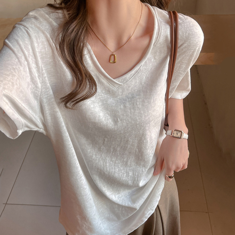 夏薄いロールアップ V ネック Tシャツ女性ルーズ通気性半袖 Tシャツ女性固体綿ブレンドカジュアル特大 Tシャツ