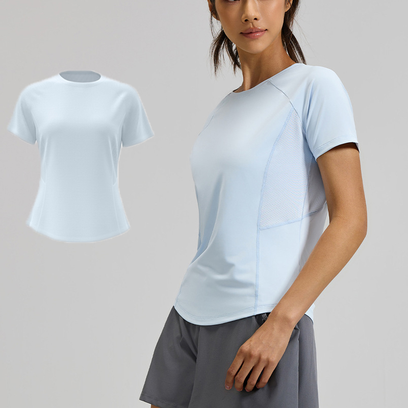 2026 夏のホットな新女性のスポーツ Tシャツアウトドアランニング半袖ブルークルーネックバックメッシュ通気性速乾性ベーストップ