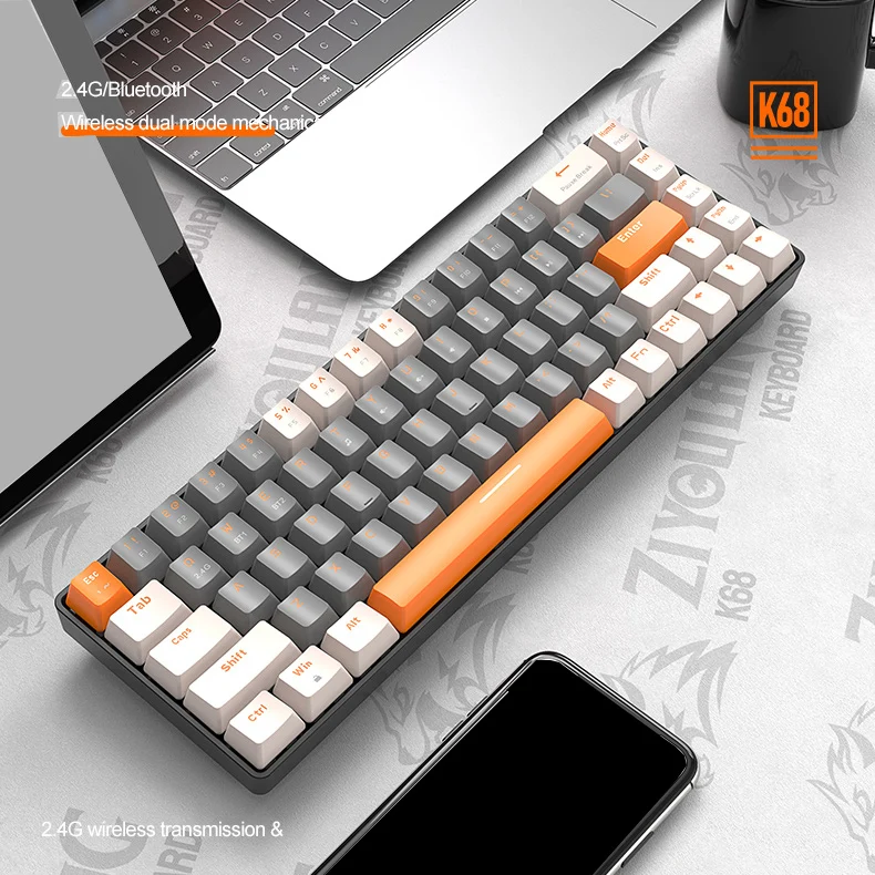 K68 60% ワイヤレスメカニカルキーボード BT ​​5.0/2.4Ghz デュアルモードレシーバー付きコンパクト 68 キーホットスワップゲーミングキーボード PC Mac Xb 用