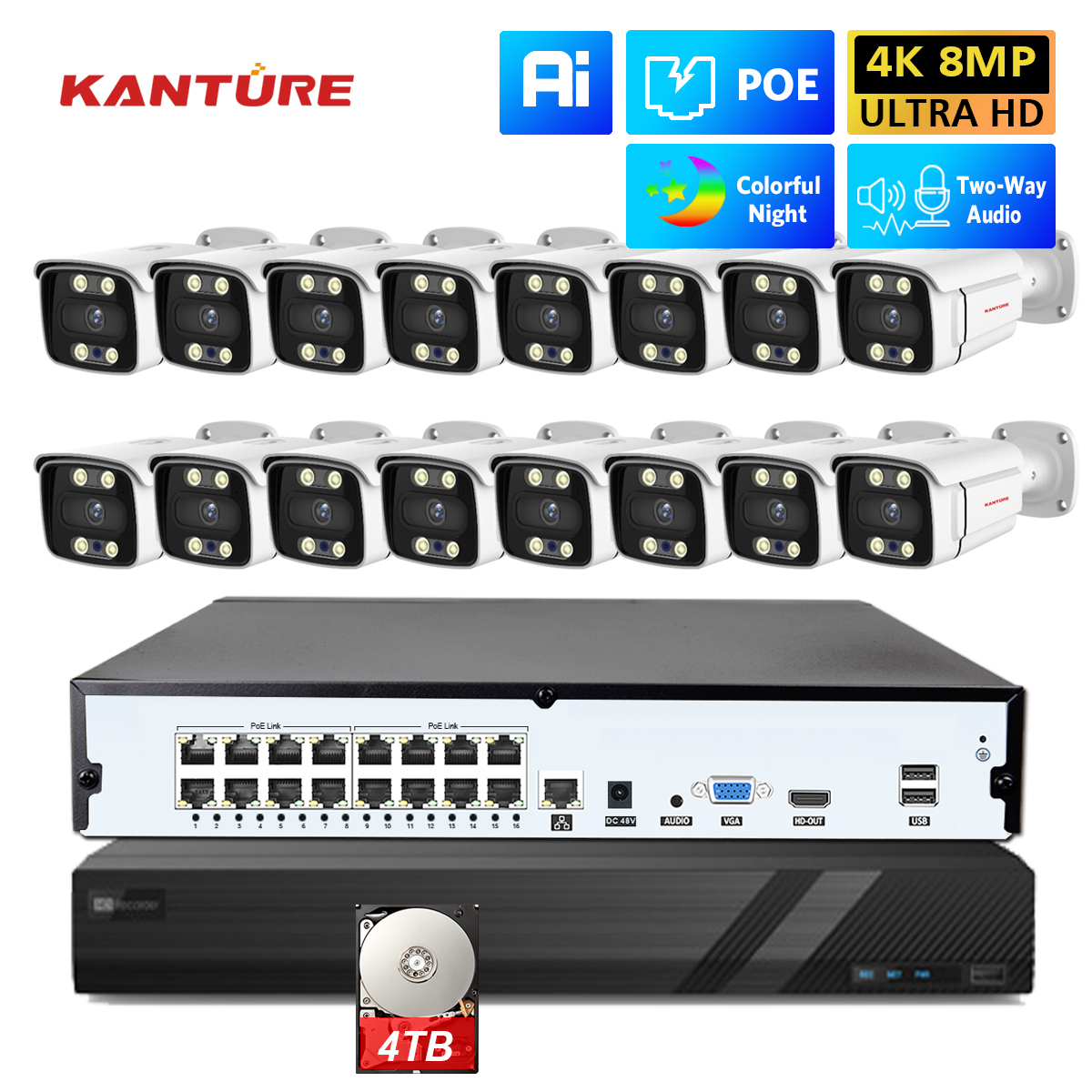 KANSURE 16CH 4K POE NVR システム 8MP 双方向オーディオ屋内/屋外セキュリティ IP カメラキットカラフルなナイトビジョンビデオ監視