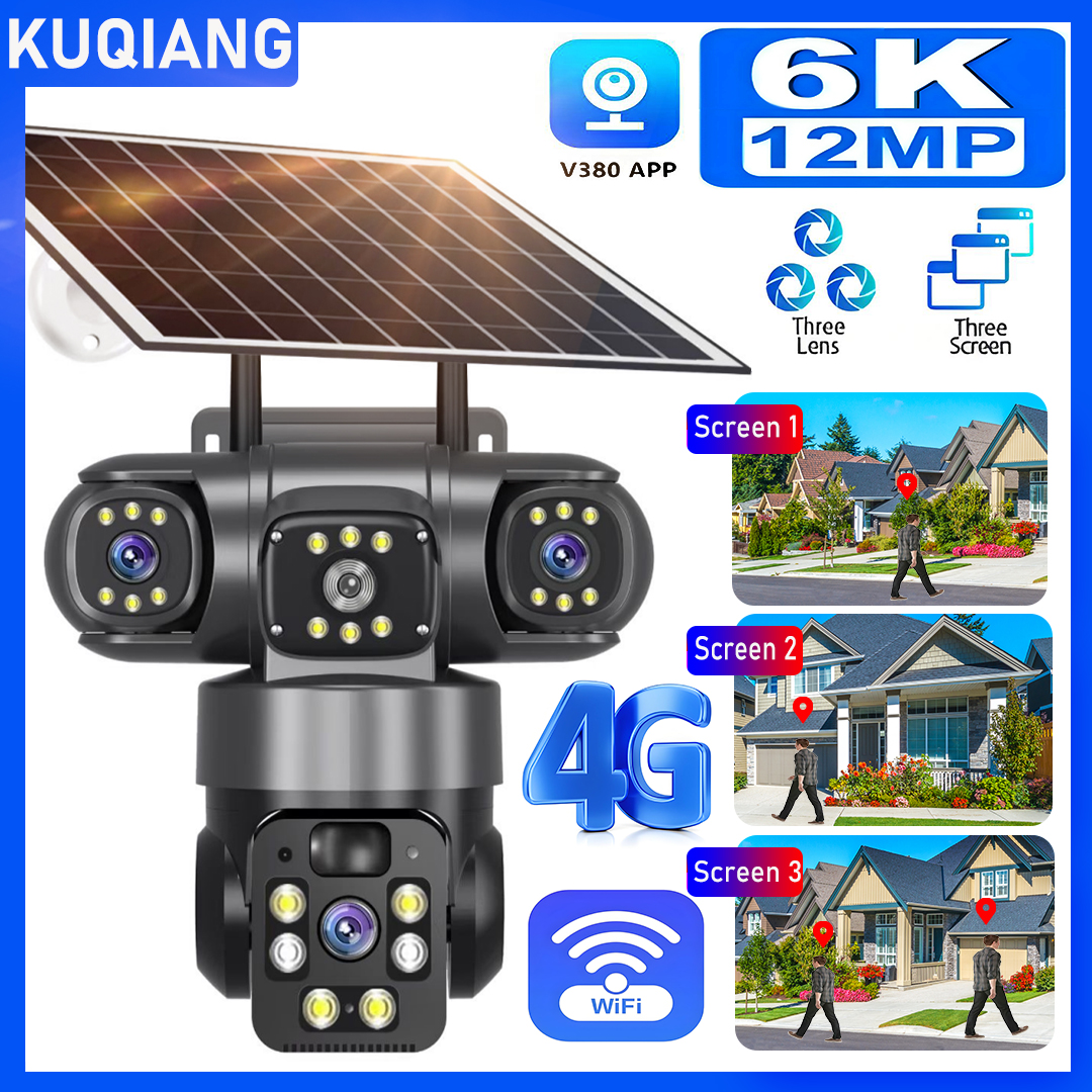 12MP 6K 3 レンズ 3 スクリーン 4 グラム屋外ソーラーカメラワイヤレス WiFi IP カメラ PIR 自動追跡ソーラーセキュリティ CCTV 監視カメラ