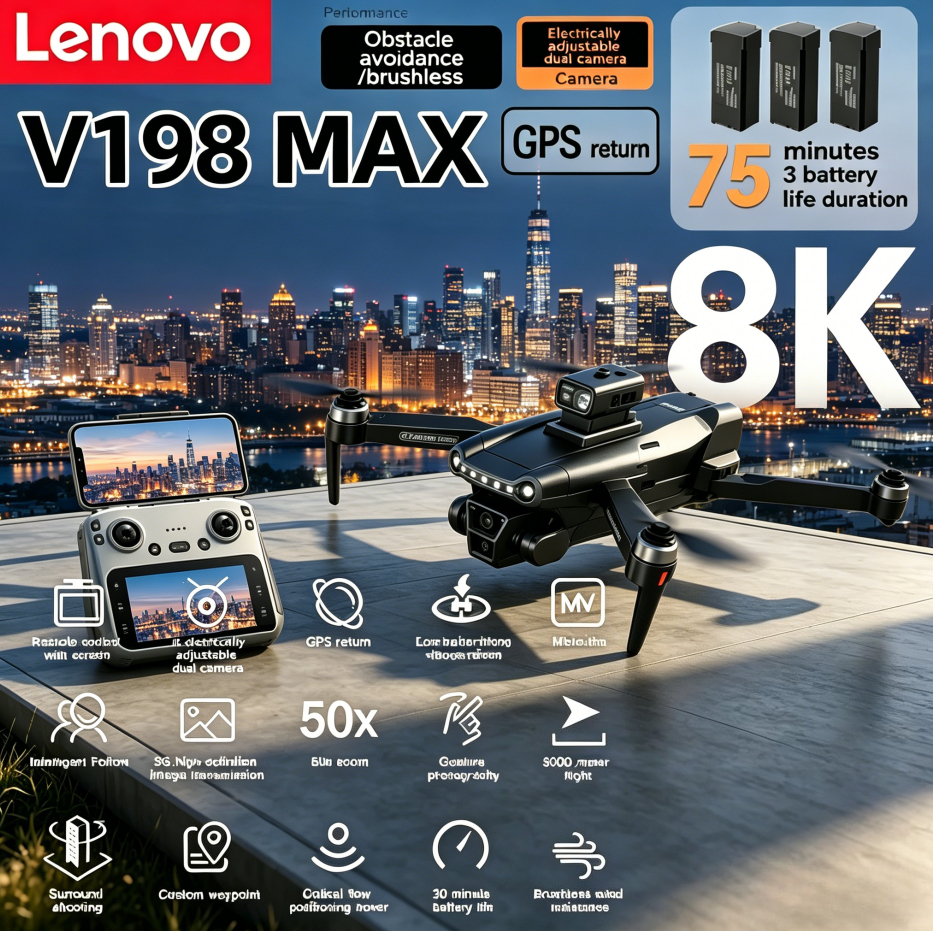 Lenovo V198MAX GPS ドローン 4K 8K プロフェッショナルカメラ空中 FPV ブラシレーザー障害物大画面リモコン付き折りたたみドローン