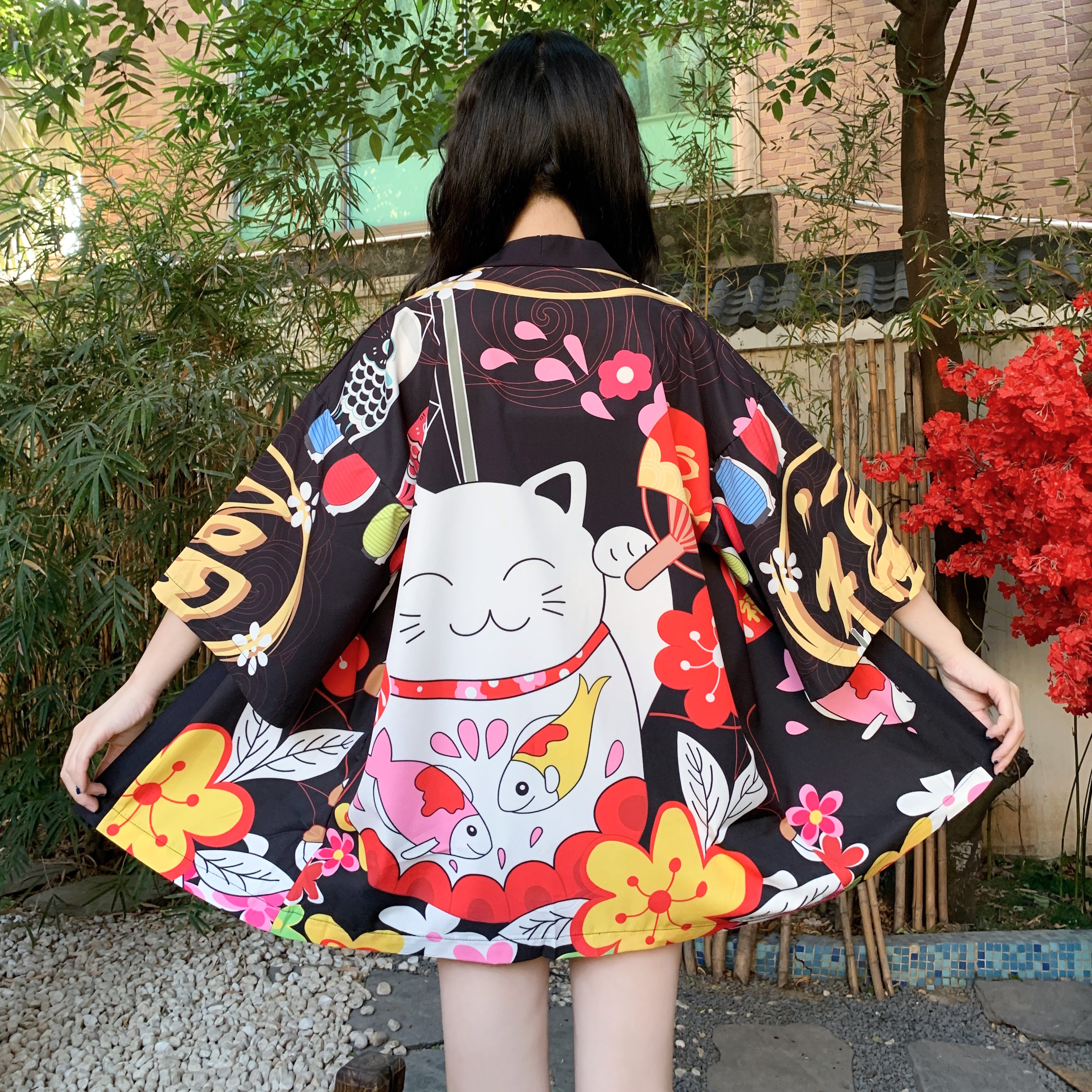 夏日本中国風の招き猫着物カーディガン軽量日焼け止めオープンフロントカバーアップカップルマッチング