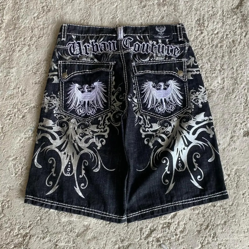 デニムショーツヒップホップ紋章刺繍少年とガールフレンドパンクカジュアルバスケットボールショーツ Y2K 原宿レトロストリートウェア