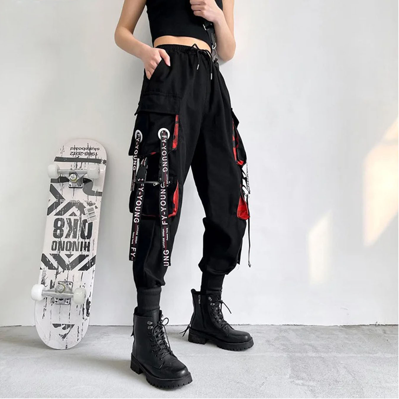 パンツ女性美的ハーレムパンツパンクポケットジョガー原宿ファムヒップホップズボン Techwear Y2k Egirl 服