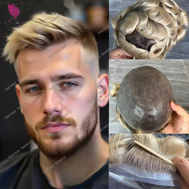 オンブルブロンド男性のスーパーナチュラルヘアライン人毛毛細血管プロテーゼシステムウィッグブラウンルーツ 0.06 ミリメートル耐久性のある薄皮かつら