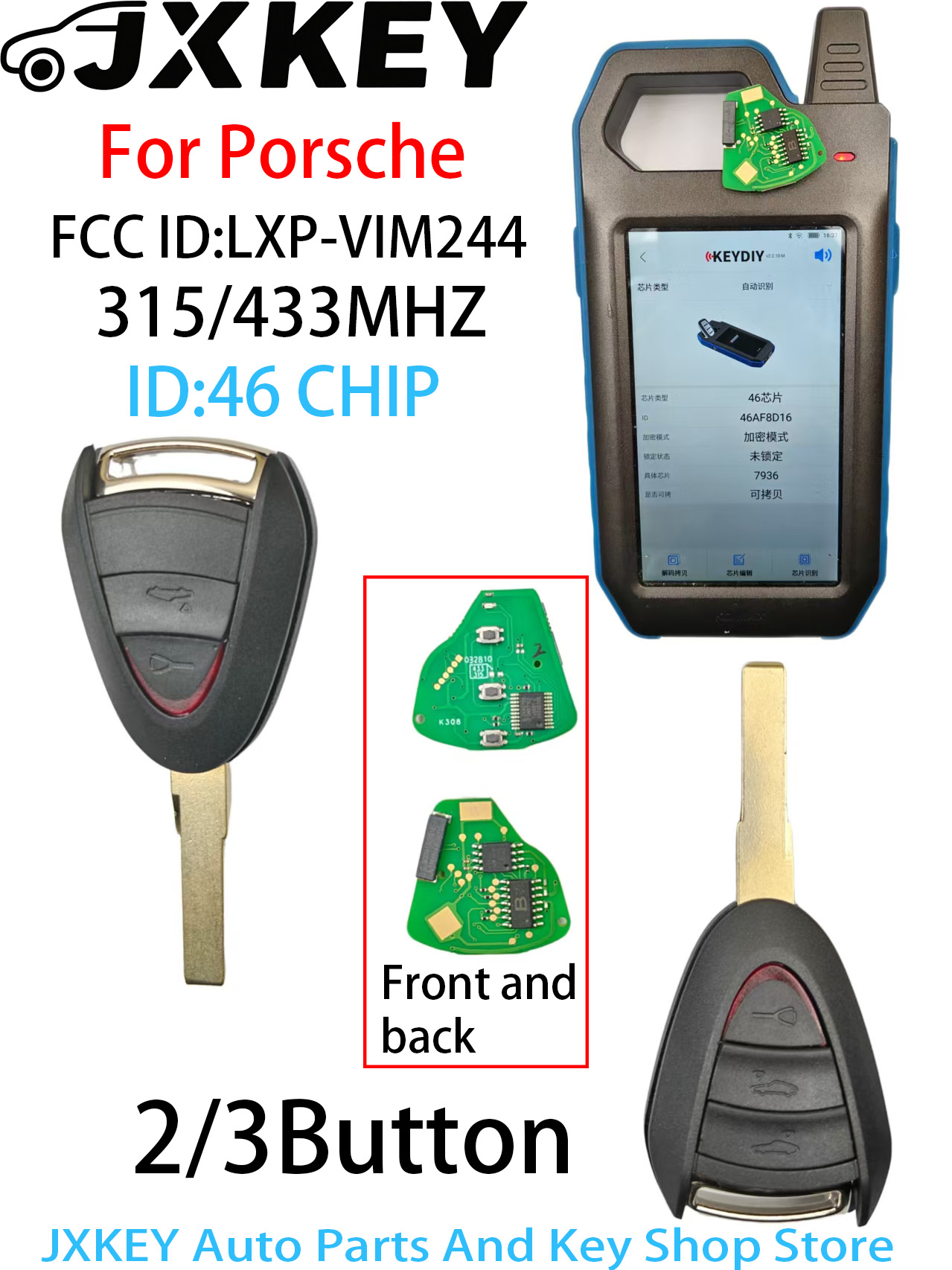 JXKEY315/433MHz 46チップ 2/3 ボタンポルシェカレラケイマン 911 987 996 997 ボクスター S 2S 4S ターボタルガ車リモートキー/シェル/PCB
