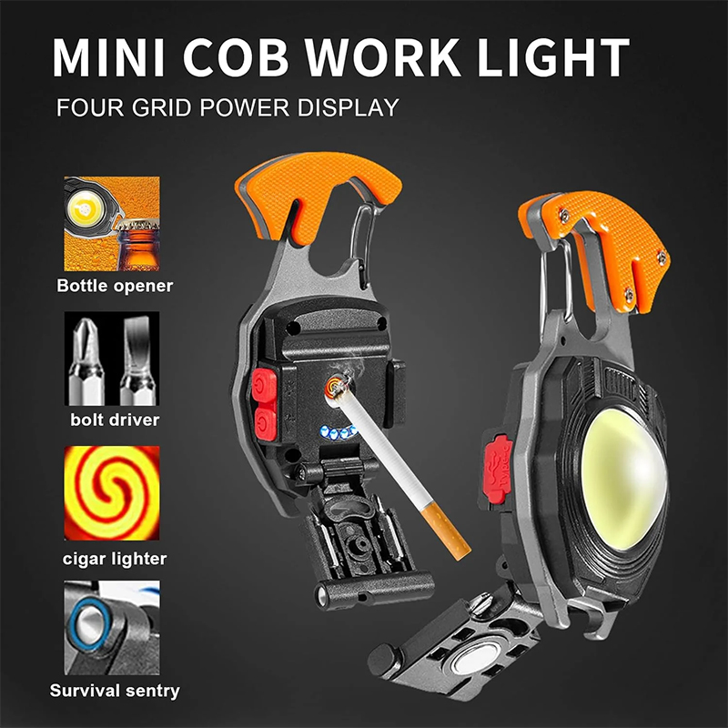 LEDキーホルダー懐中電灯、500ルーメン充電式防水ポータブルワークライト、7つのライトモード、バッテリーディスプレイ付きポケットランプ