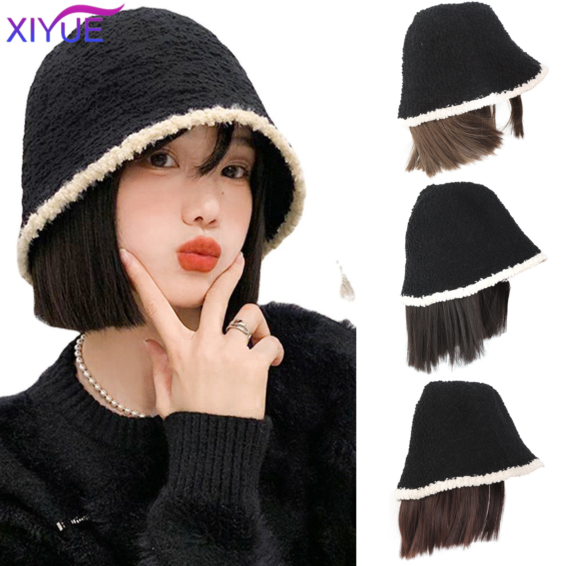 XIYUE 漁師の帽子かつらヘアエクステンション帽子かつらナチュラルブラック合成ショート鎖骨毛暖かい秋冬キャップウィッグ