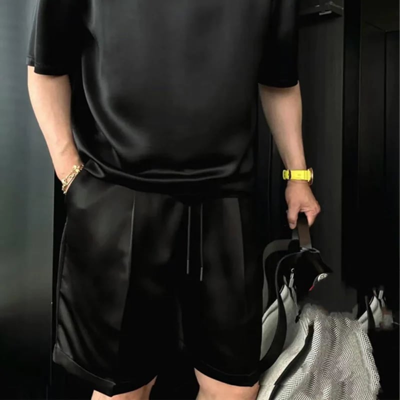 Personality Retro Solid Loose Fit T-Shirt Simple Mens Mercerized Satin Smooth Casual Comfort Short-Sleeved Top and Shorts Set