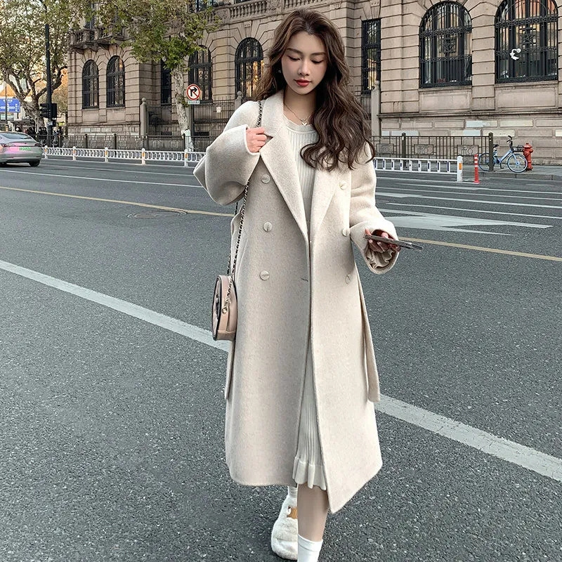 100% ウールコート婦人服 2026 秋冬ファッション気質両面カシミヤコートベルトエレガントなロングオーバーコート