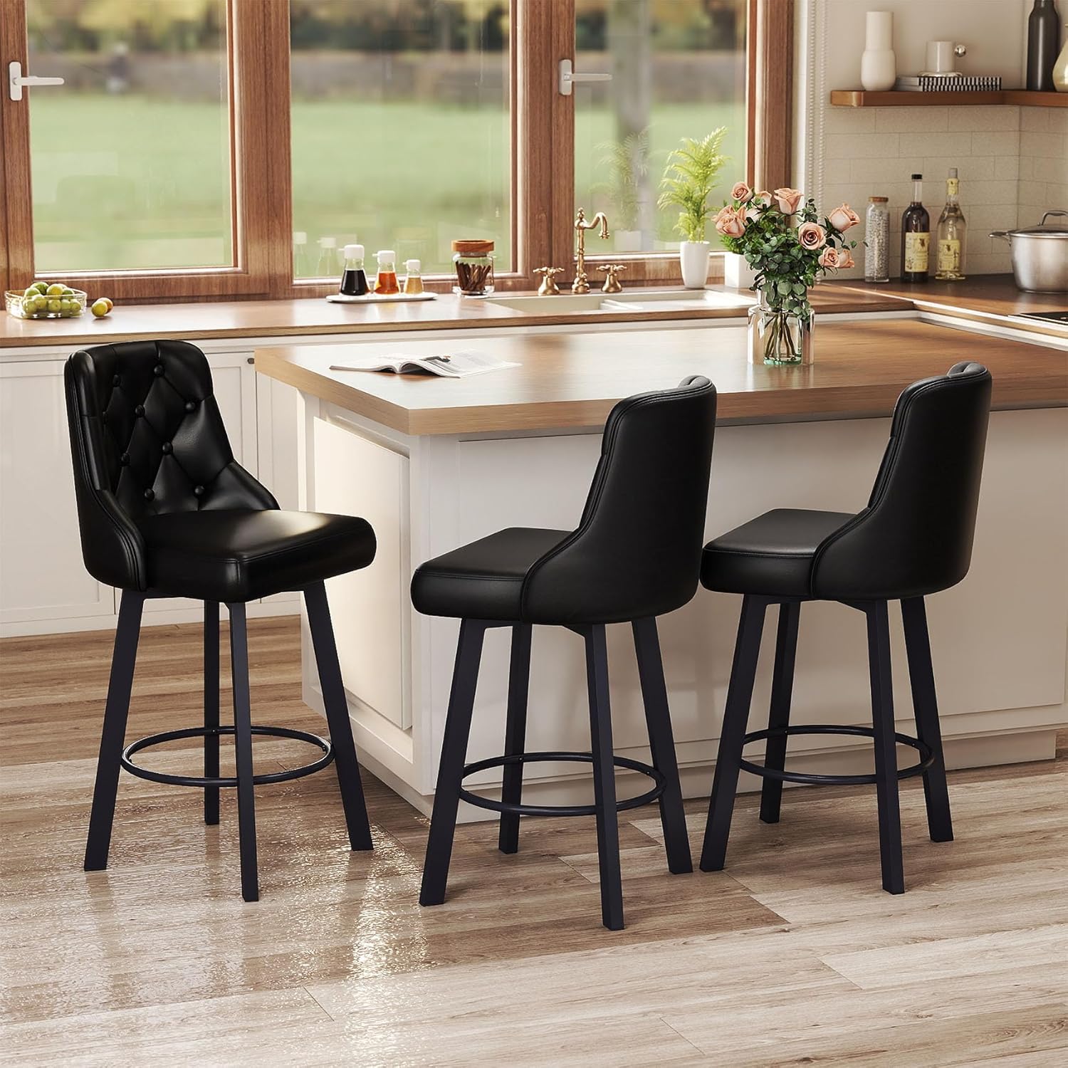 Ralex-Chair 回転バースツール 3 個セット 高さ 26 インチ モダンなカウンター高さのバースツール 金属脚付き フェイクレザー張りのバースツール 背もたれ付き キッチンアイランド、ダイニングルーム、パブ用 - ブラック