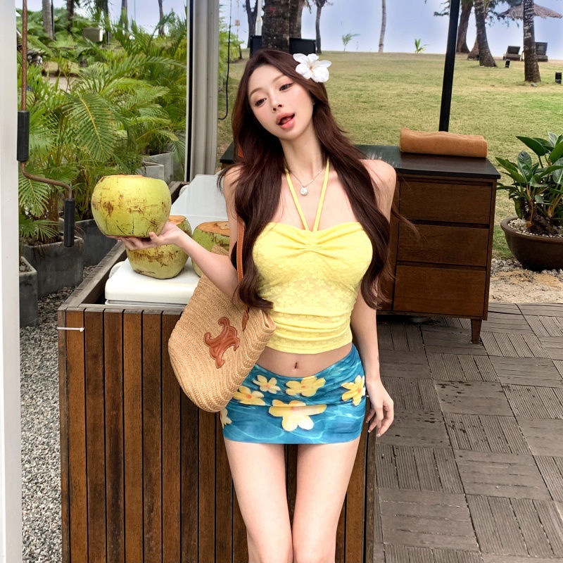 フランス巾着ブルー花柄チューブトップ女性セパレート水着セット沿岸夏休みビーチホリデー水着女の子用