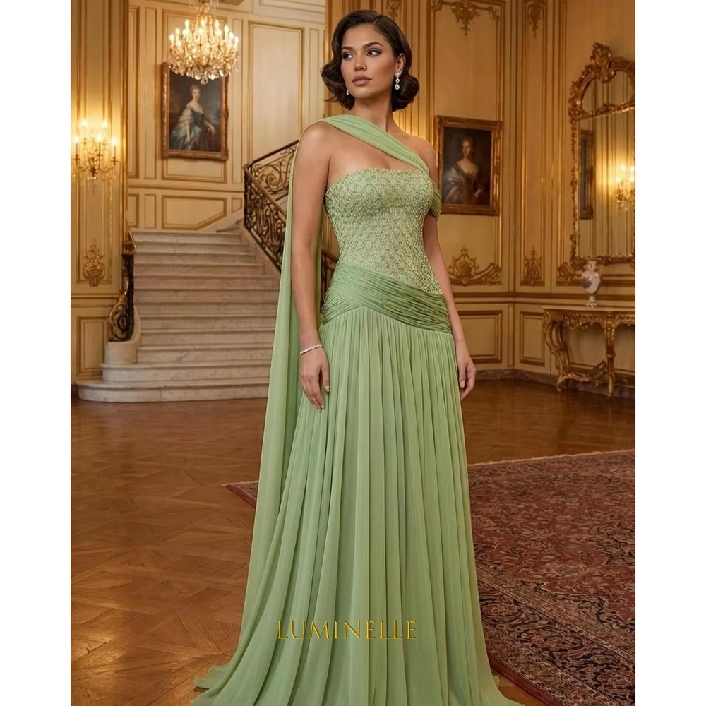 Green Luxury Evening Dresses Strapless Chiffon Lace Sequined فساتين سهرة A-Line Ruffles Formal Prom Dress For Women Customized