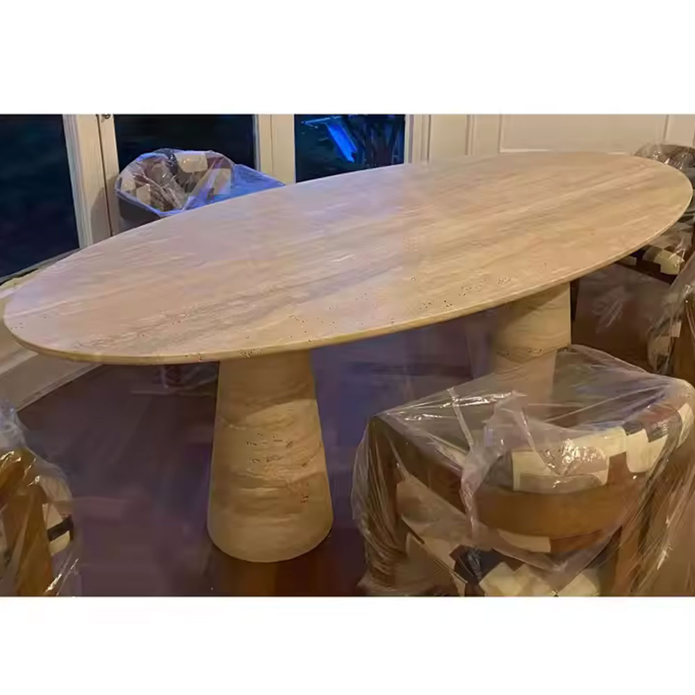 Custom Modern Luxury Home Dining Room Beige Travertine Table Elegant Oval Travertine Stone Dining Table
