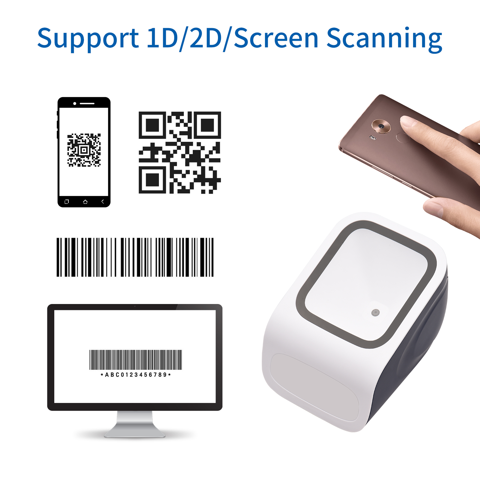 1D 2D QR デスクトップバーコードスキャナープラットフォームハンズフリー USB 有線バーコードリーダースキャナープラグ