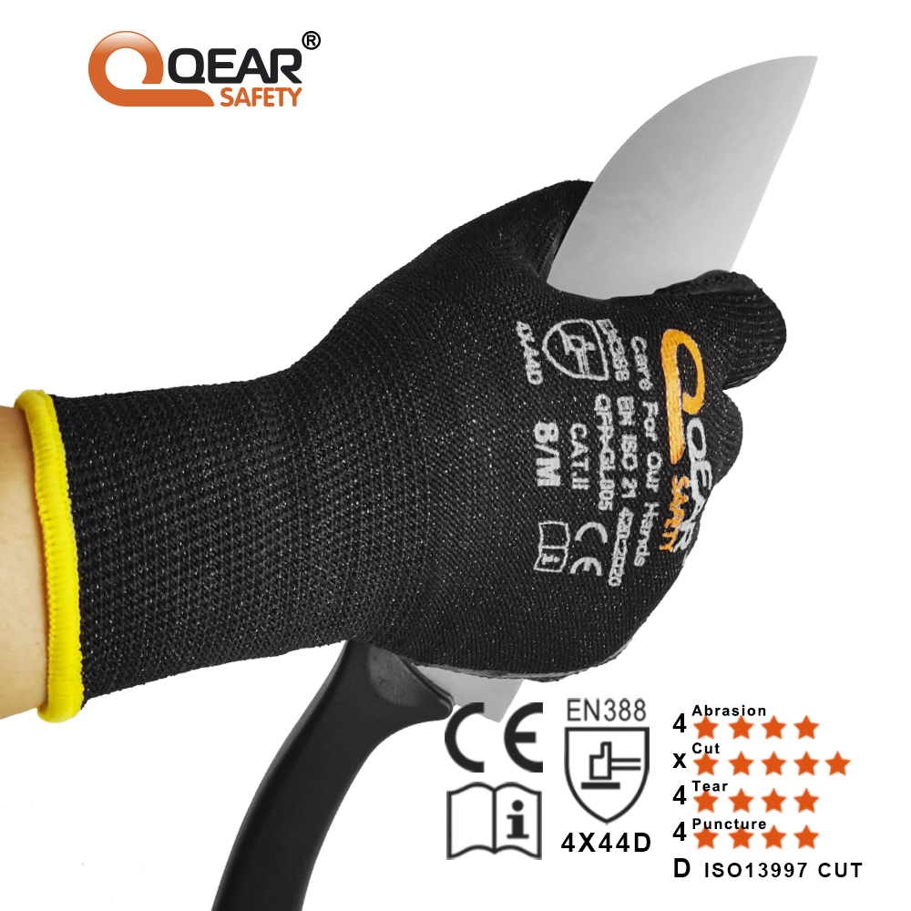 QearSafety ブラック HPPE カット 5 抵抗作業安全手袋、ラテックスゴム手のひらコーティング、重および中程度の作業取り扱い保護