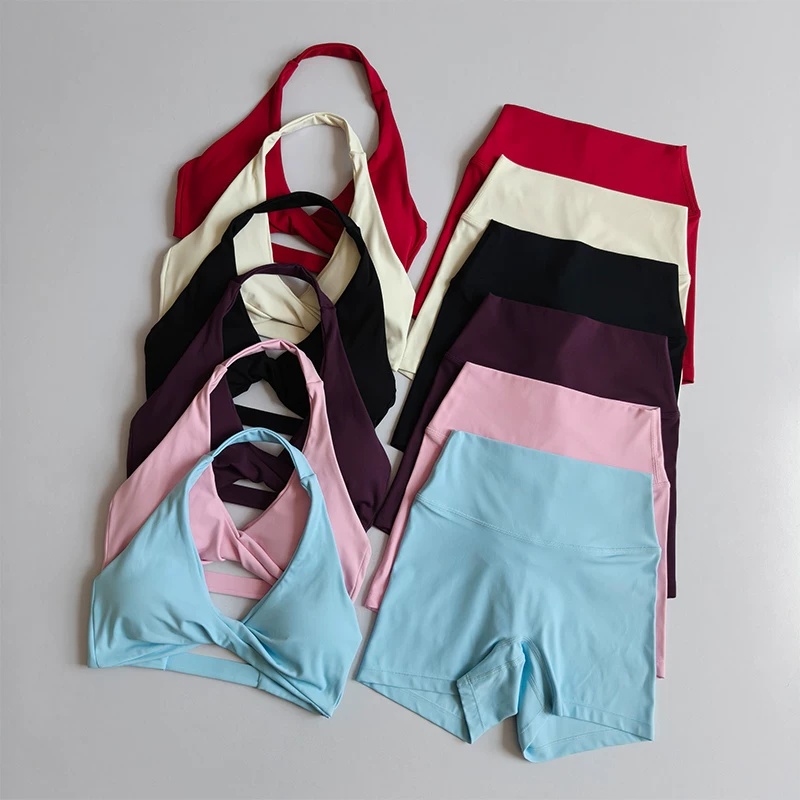 Women Summer Yoga 2‑Piece Set Halter Twist Bra High Waist Hip‑Lifting Elastic Shorts Fitness Outfit