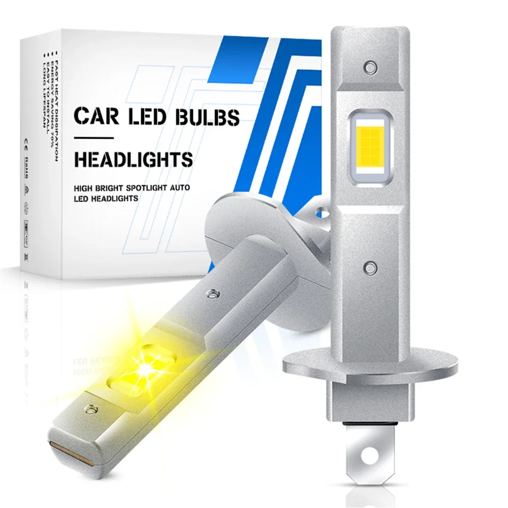 2 個 3000K ゴールデンイエロー H1 LED ヘッドライト 12000LM 30W 3570 CSP ハイビーム ターボ オートライト 1:1 ファンレス ミニ 12V プラグアンドプレイ