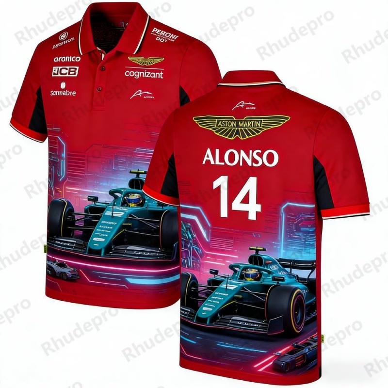 アストンマーティン チーム アロンソ 14 F1 レーシング テーマ ポロシャツ 通気性 カジュアル スポーツ トップ ファン 日常着