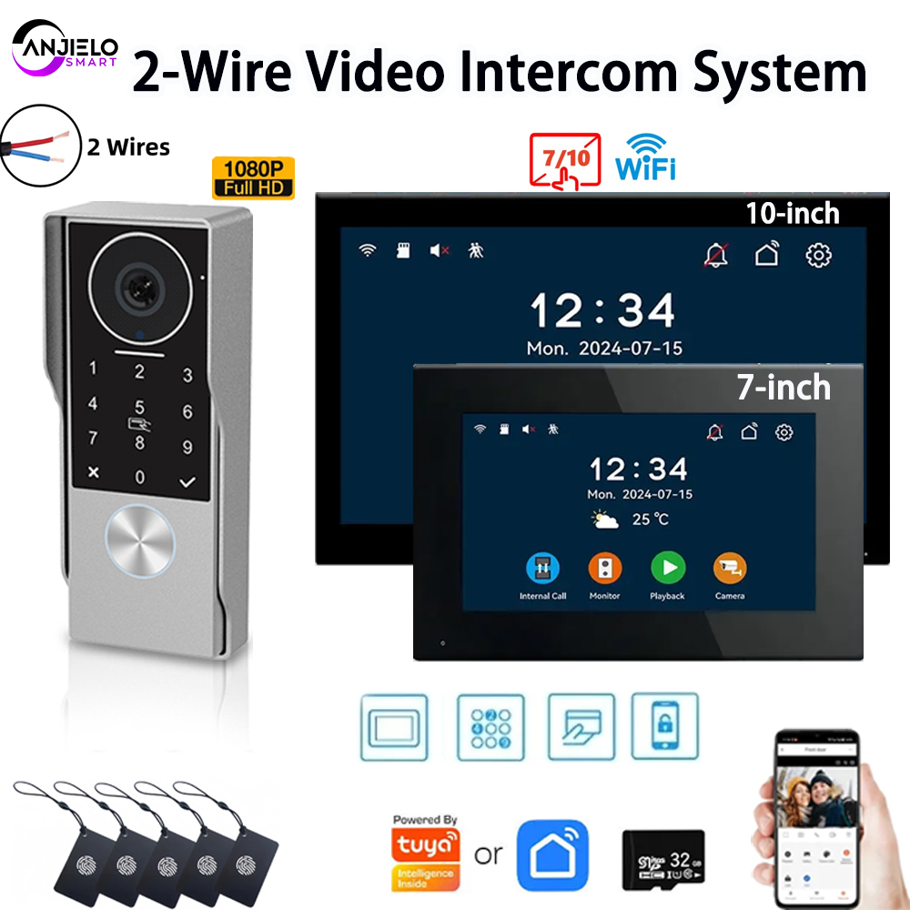 ANZIELO 家庭用ビデオインターホンシステム 1080P TUYA 2 線式ビデオドアホンアプリ IC カード PIN ロック解除 IP カメラサポートスマート