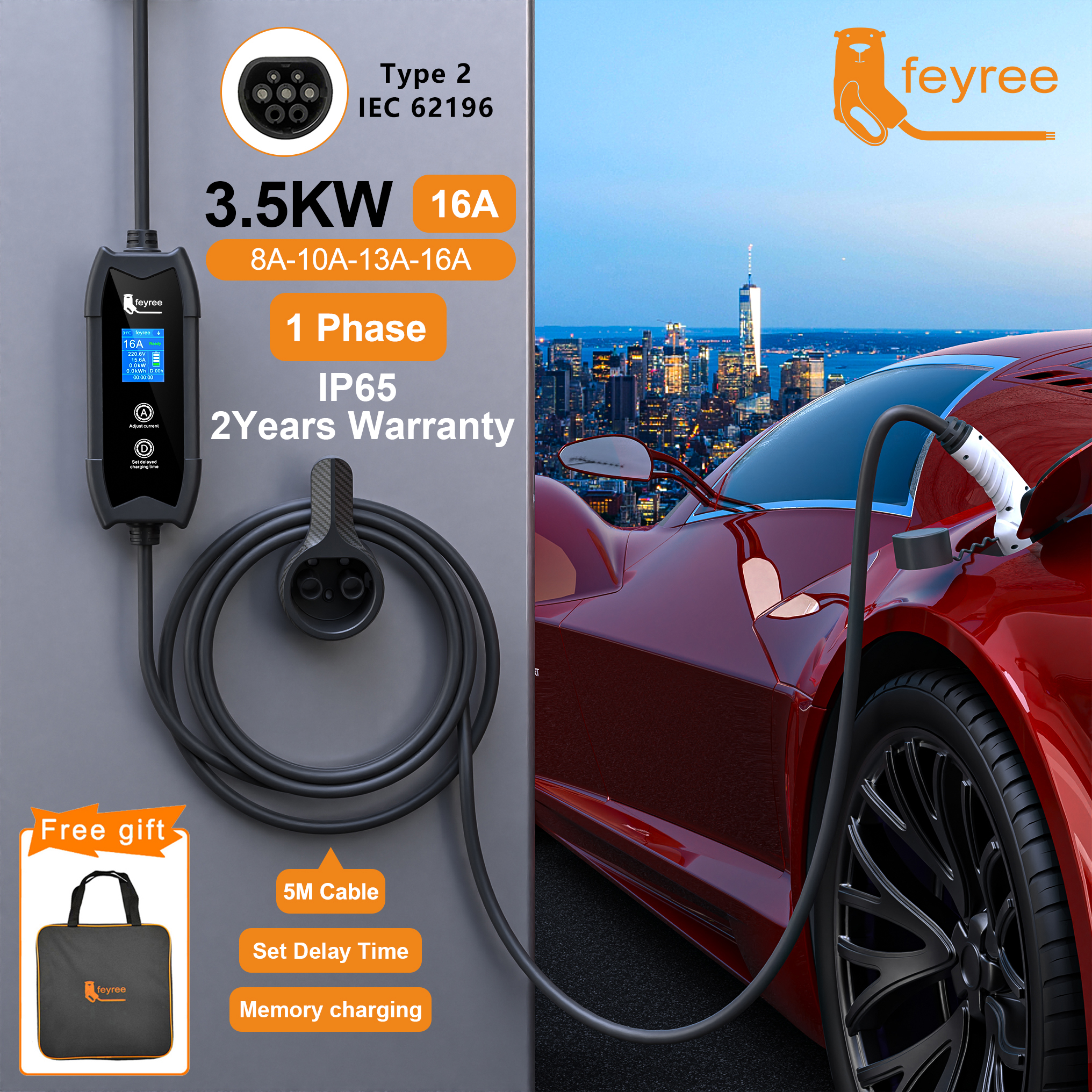 Feyree EV 充電器 Type2 3.5KW 16A ポータブル充電ボックスセット電流と設定遅延時間 5 メートルケーブル電気自動車車の充電器用