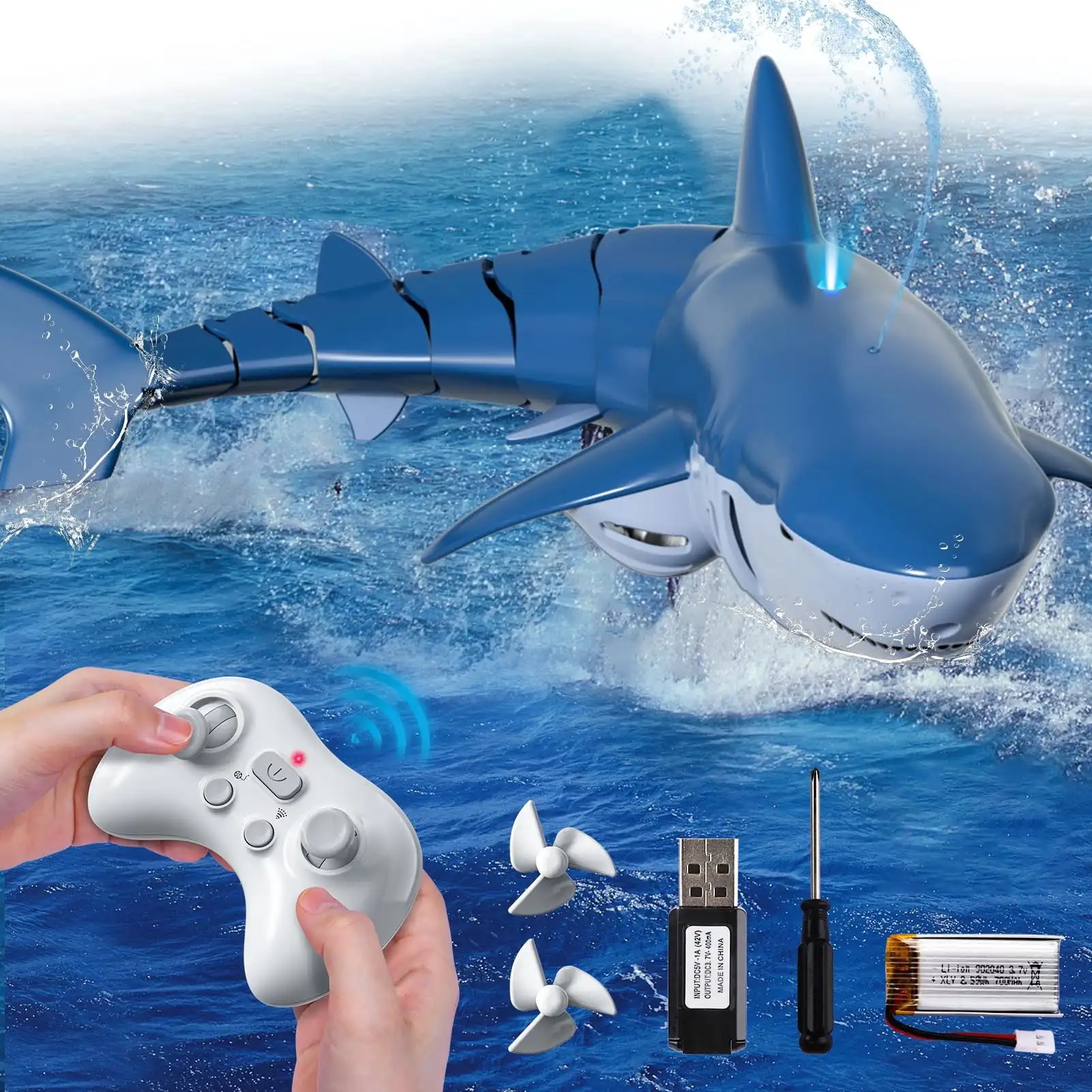 2.4GHz RC サメボートおもちゃ 子供 男の子用 リモコンサメ 水スプレー LEDライト付き プール湖水おもちゃ ギフト 屋外遊び