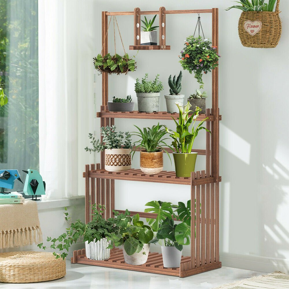 3段吊り下げ木製植物スタンドプランター棚植木鉢オーガナイザーラック複数のディスプレイホルダー棚屋内屋外