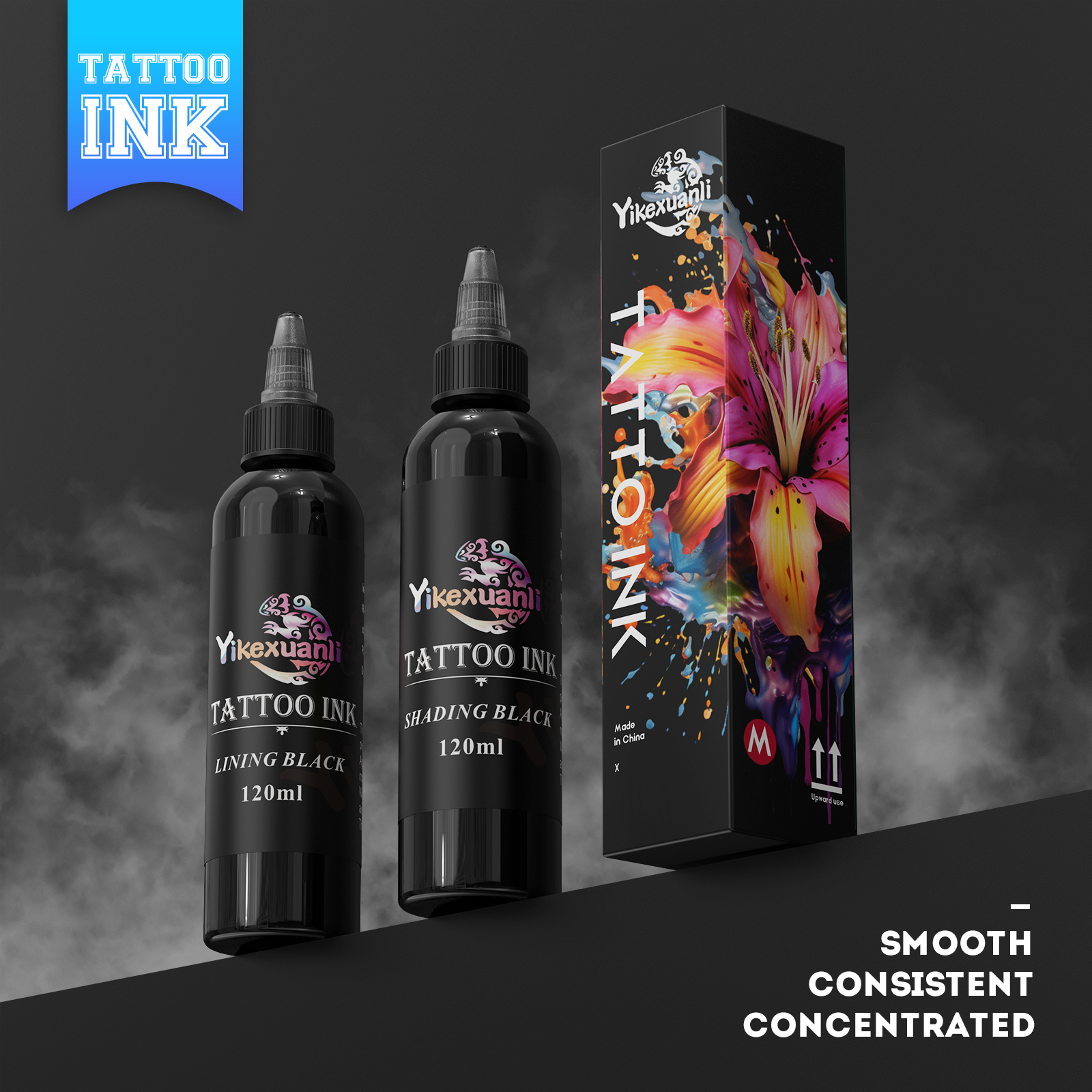 1 ボトル 120 ml ブラック タトゥー インク、ディープ ブラック - アウトライン、シェーディング用