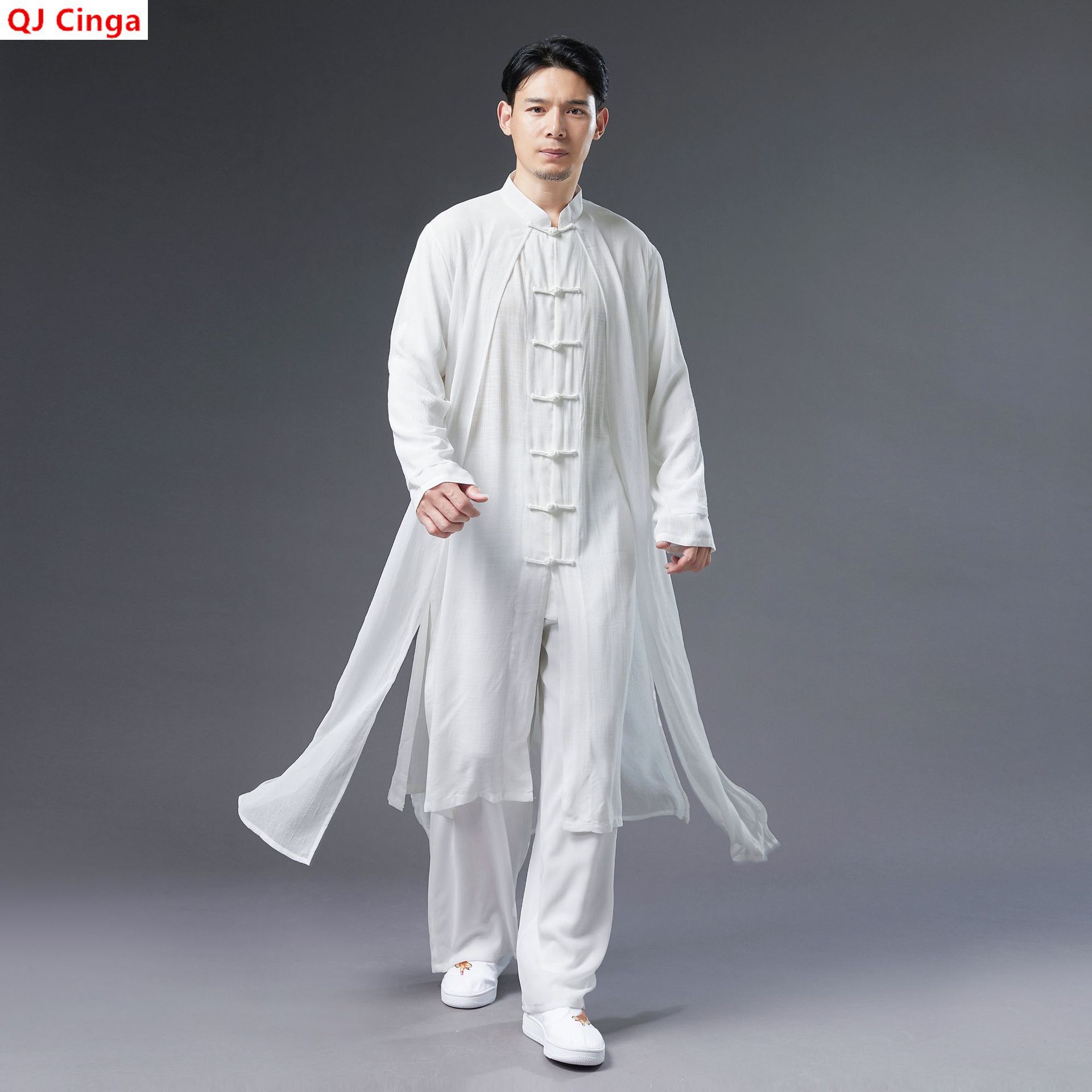 中国風のメンズ白いトレンチコート、夏の黒い綿麻のロングジャケット。