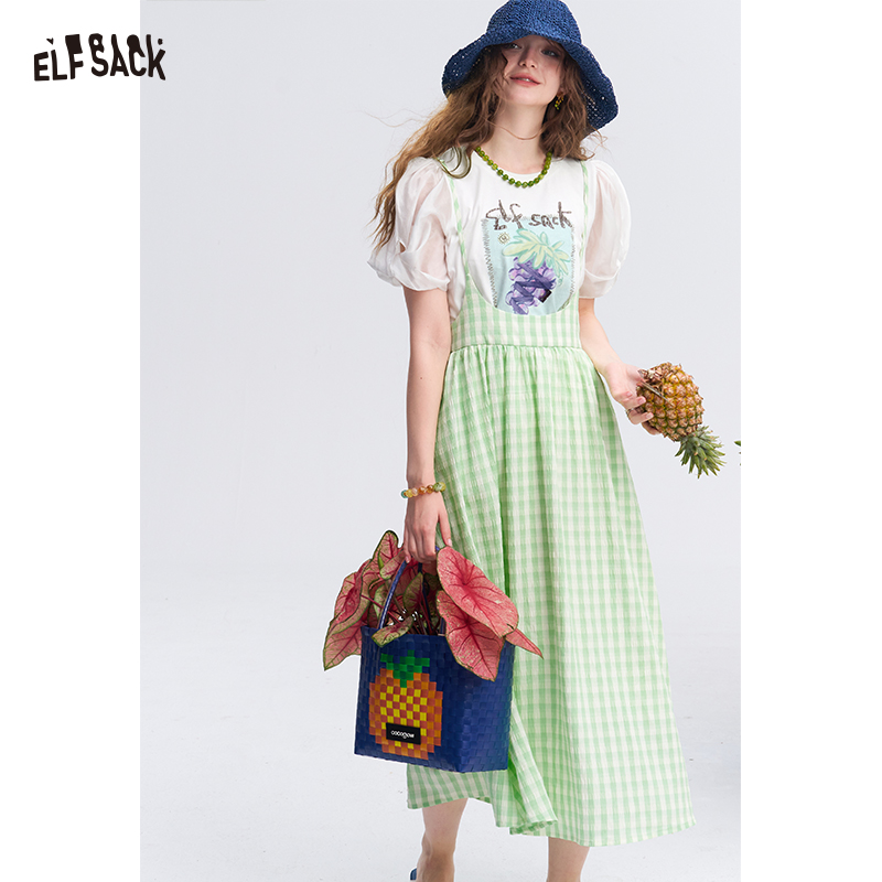 ELFSACK レディース 2 点衣装、パフスリーブグレーププリント T シャツチェック柄ピナフォアミディスカートセット夏用、スイートカジュアルマッチングセット