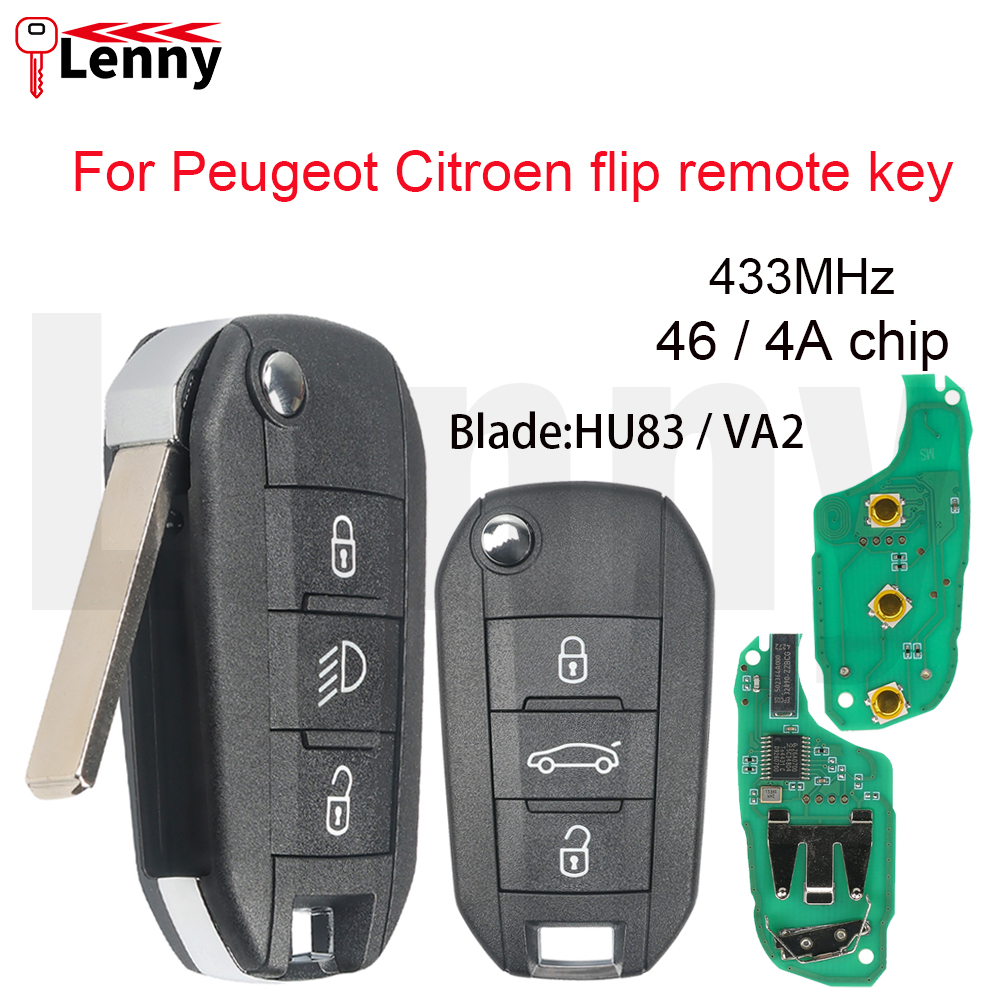 レニー車フリップリモートキー 433MHz 4A/46 チップトランク/ランプ BT プジョー 208 301 308 508 2008 5008 シトロエン C-エリゼ C2 C3 C4-Cactu