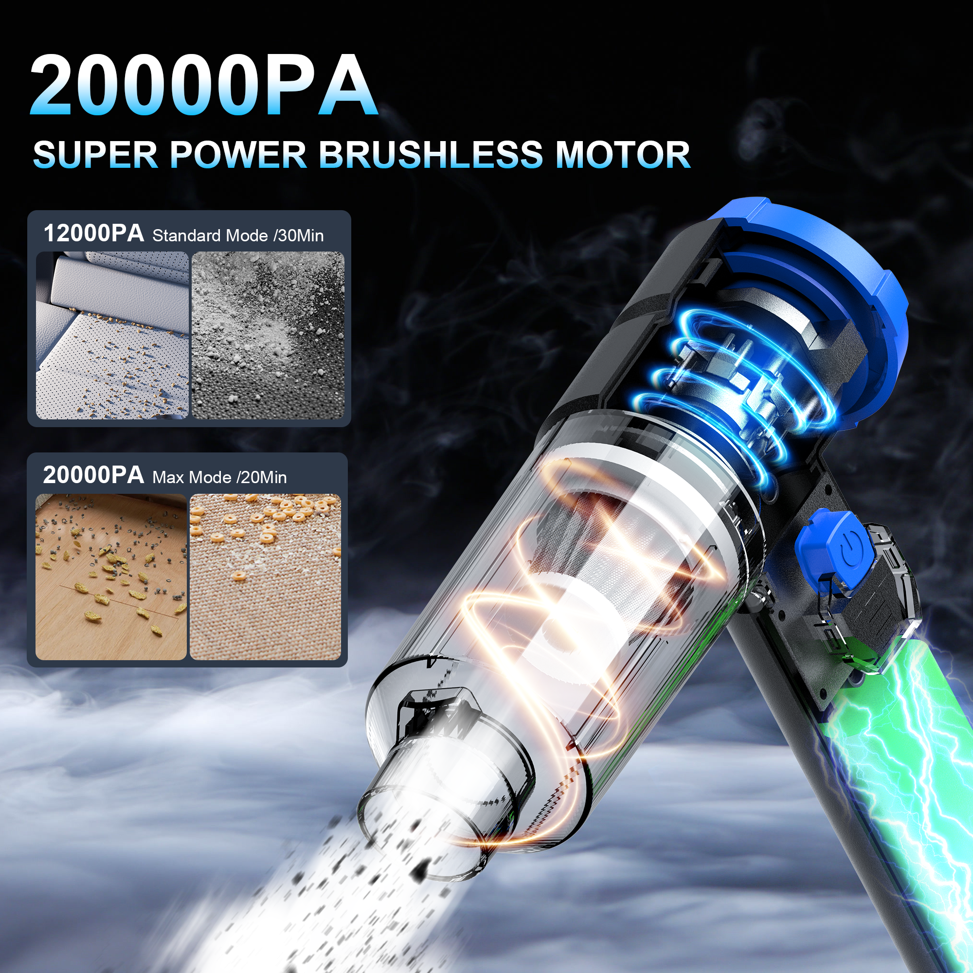 20000Pa 車用掃除機ポータブルコードレスハイパワー 4 in 1 ハンドヘルド掃除機、ブラシレスモーターハンドヘルド掃除機コードレスエアダスター