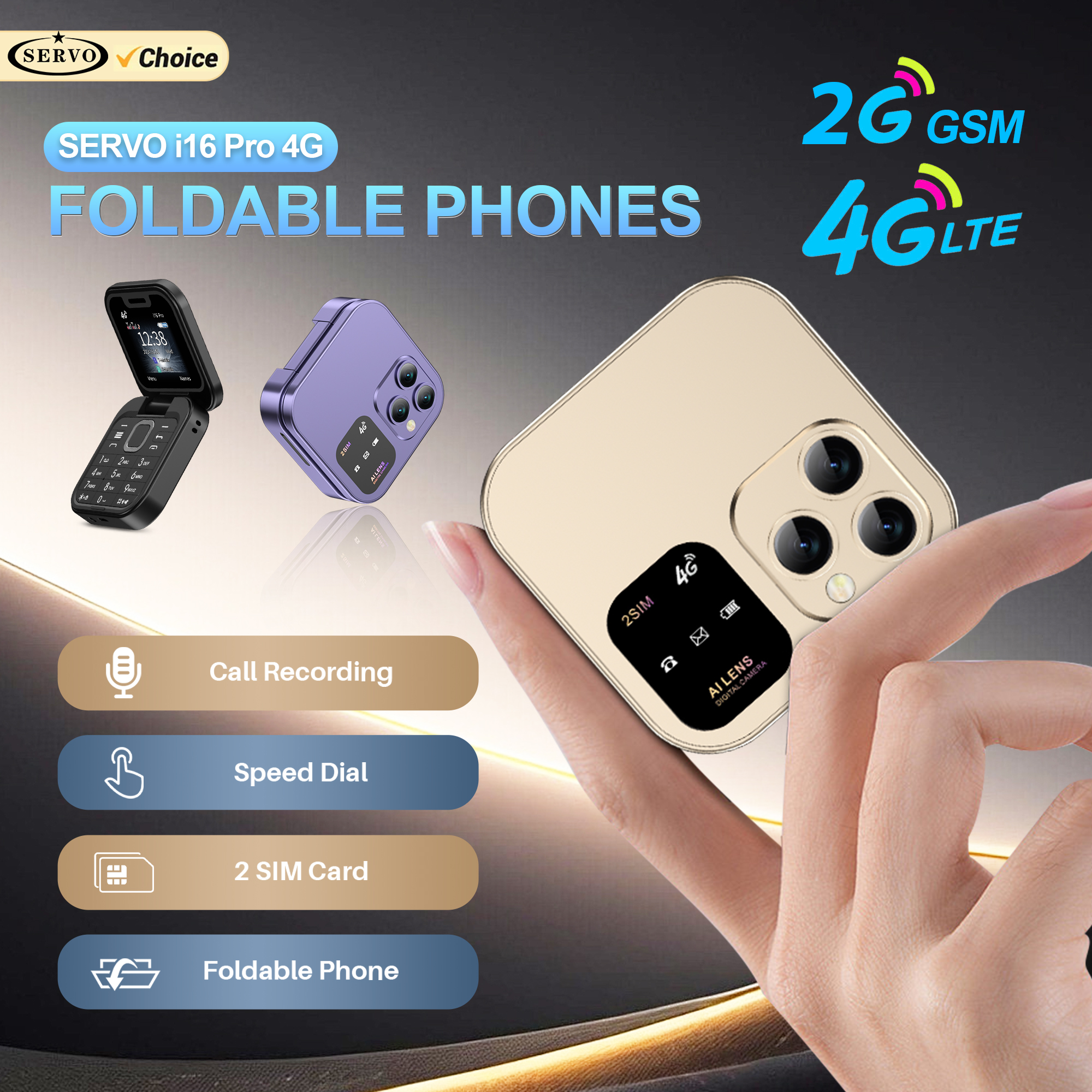 サーボ i16 プロ 2 グラム GSM/4 グラム LTE ネットワーク小型フリップ携帯電話 2 SIM スタンバイ通話録音スピードダイヤル 1.77 インチミニ折りたたみ携帯電話