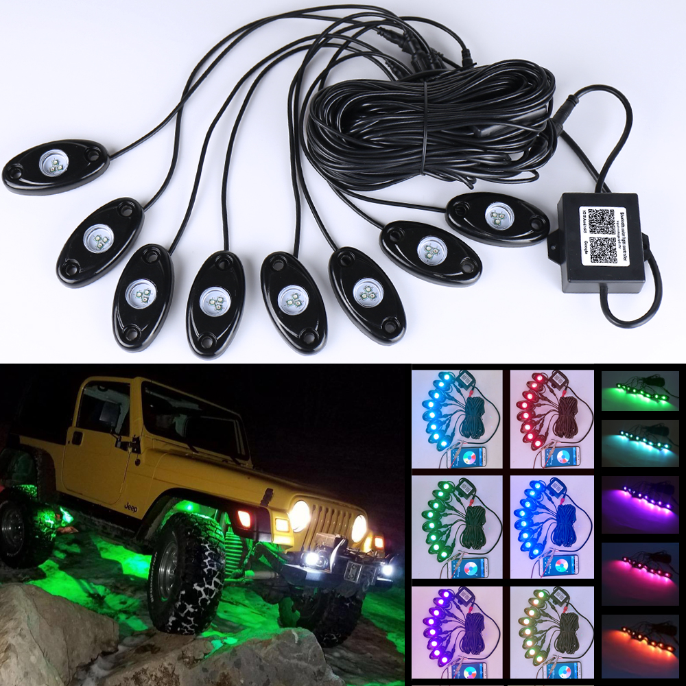 8 ポッド RGB LED ロックライトキット、車の内装/外装色付き装飾ライト、オフロードジープ ラングラー JK JL ATV トラック SUV に適合