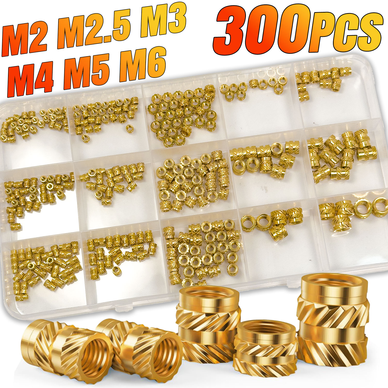 300個 M2 M2.5 M3 M4 M5 M6 3Dプリント用真鍮ヒートセットインサート、ローレットねじナット、プラスチック埋め込みファスナー