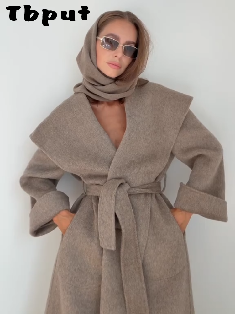 Elegant Wool Women Long Coat Solid Shawl Collar Open Stitch Lace Up Thicken Lady Coats 2026 Spring Fashion Female Outwears
