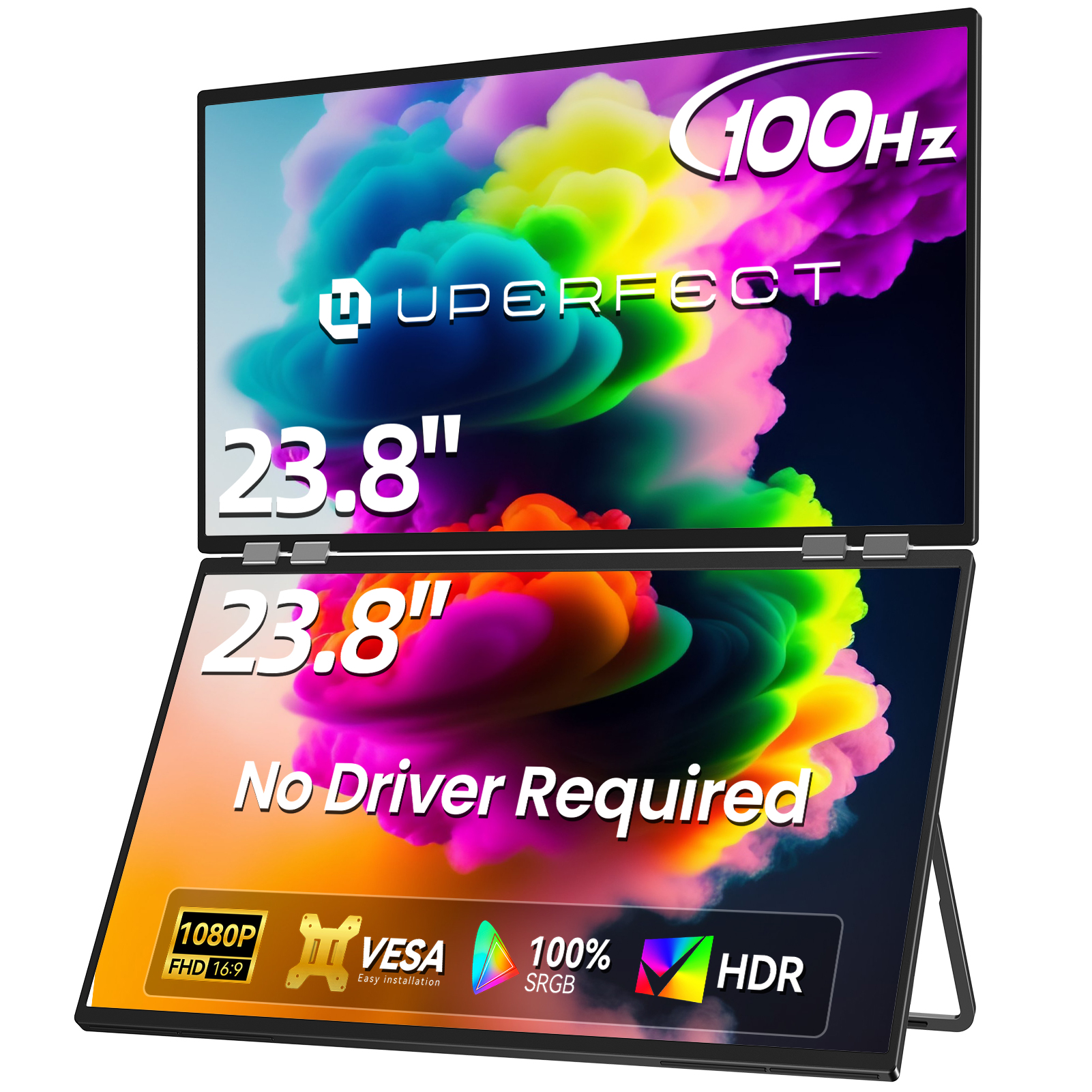 完璧なデルタメガ 23.8 インチ 100Hz デュアルスクリーンスタックコンピュータディスプレイ 1080P 360° 折りたたみトリプルエクステンダーモニター (スピーカー付き)